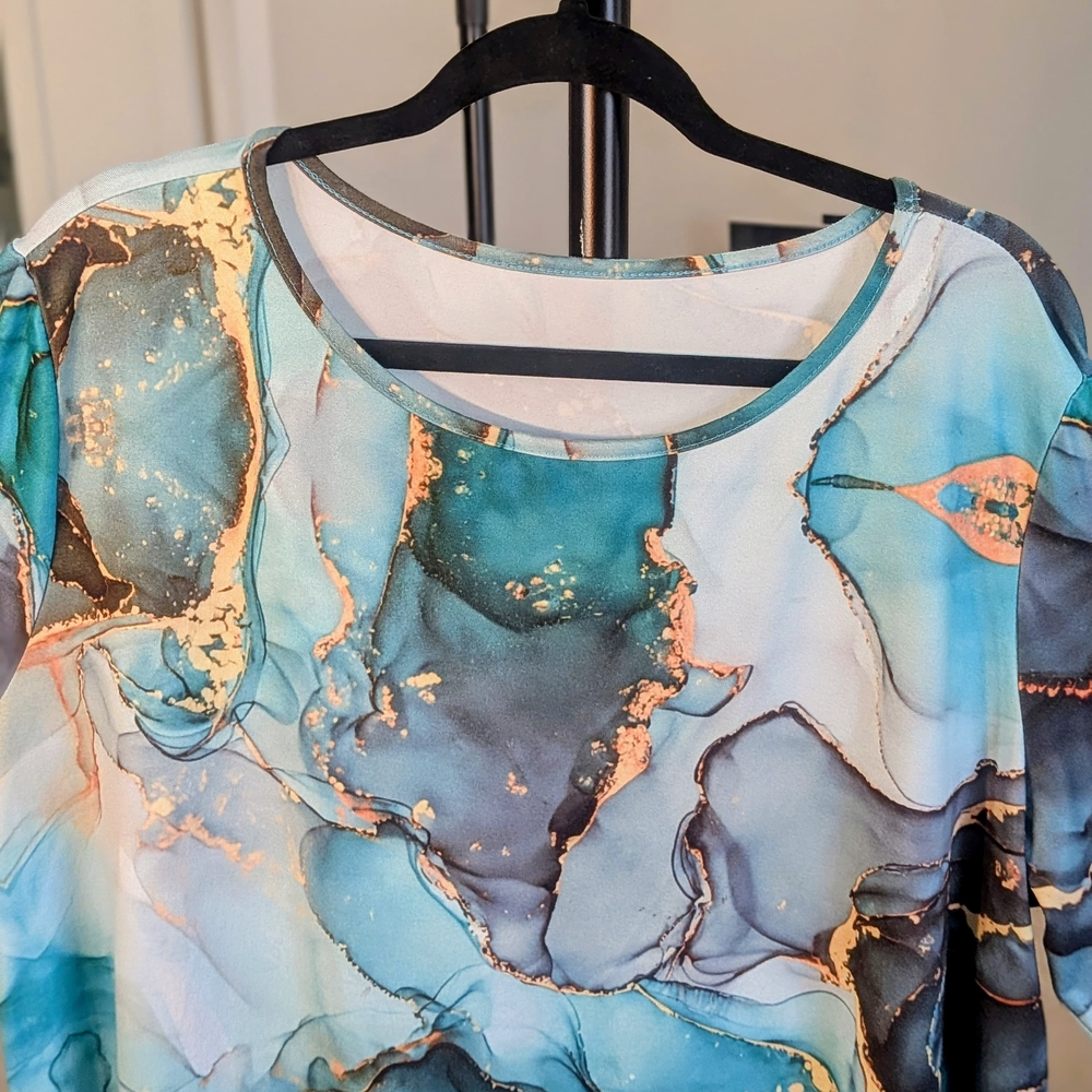 Marble Print Long Sleeve Tunic Top – Turquoise, Black And Gold - Picture 4 of 6